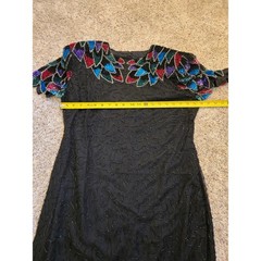 Vintage Silk Sequin Beaded Cocktail Dress Art Deco Sleeve Open Back Midi