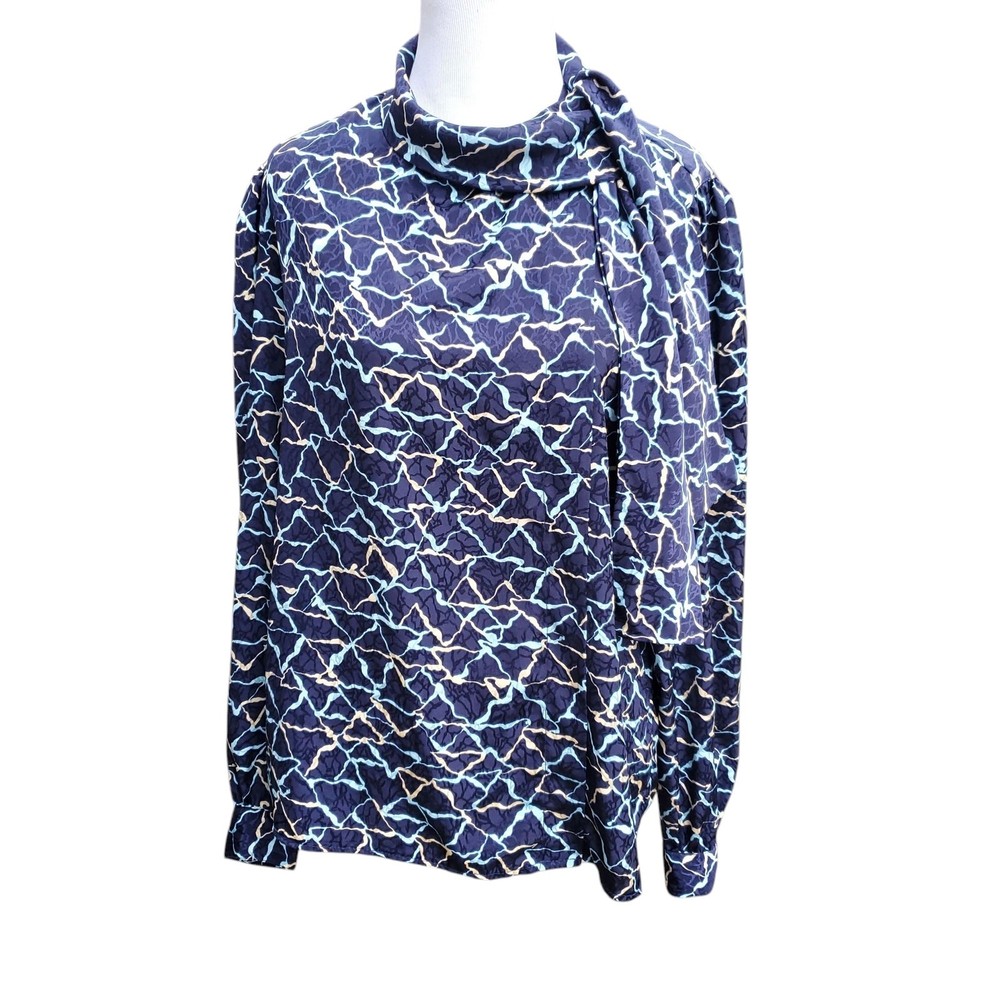 Vintage Blue Geometric Print Blouse Top Tie Neck Button Cuff Fits a M/L