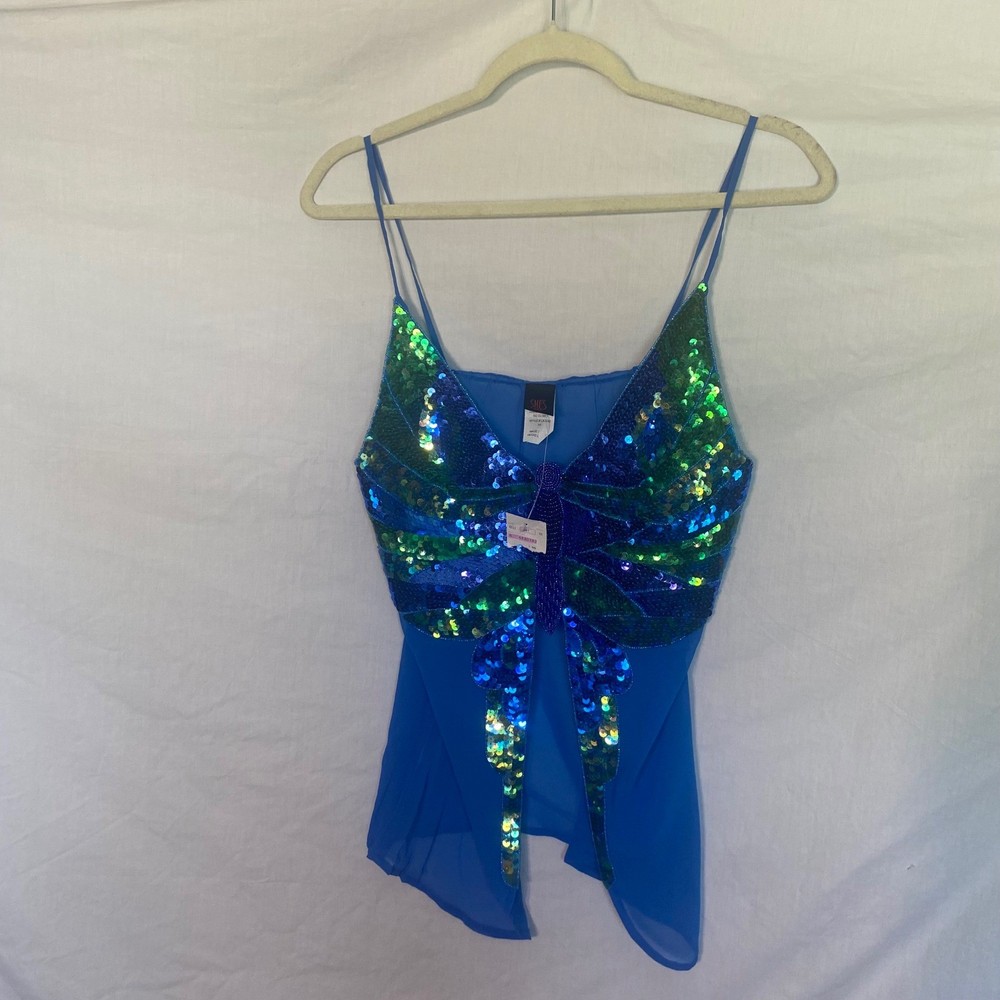 Vintage Shes USA Blue Sequin Butterfly Cami Top Y2K Beaded Rayon LA-3587 Medium