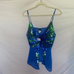 Vintage Shes USA Blue Sequin Butterfly Cami Top Y2K Beaded Rayon LA-3587 Medium