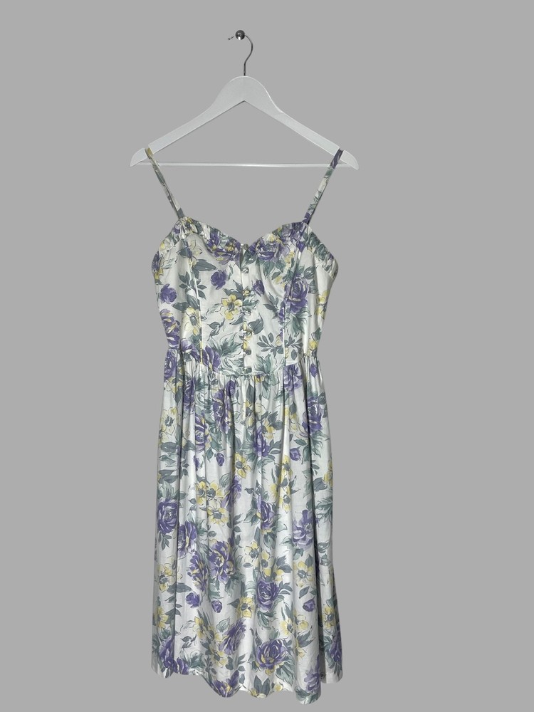 Vintage Laura Ashley Floral Midi Dress Made In Great Britain Cotton US 10 UK 14
