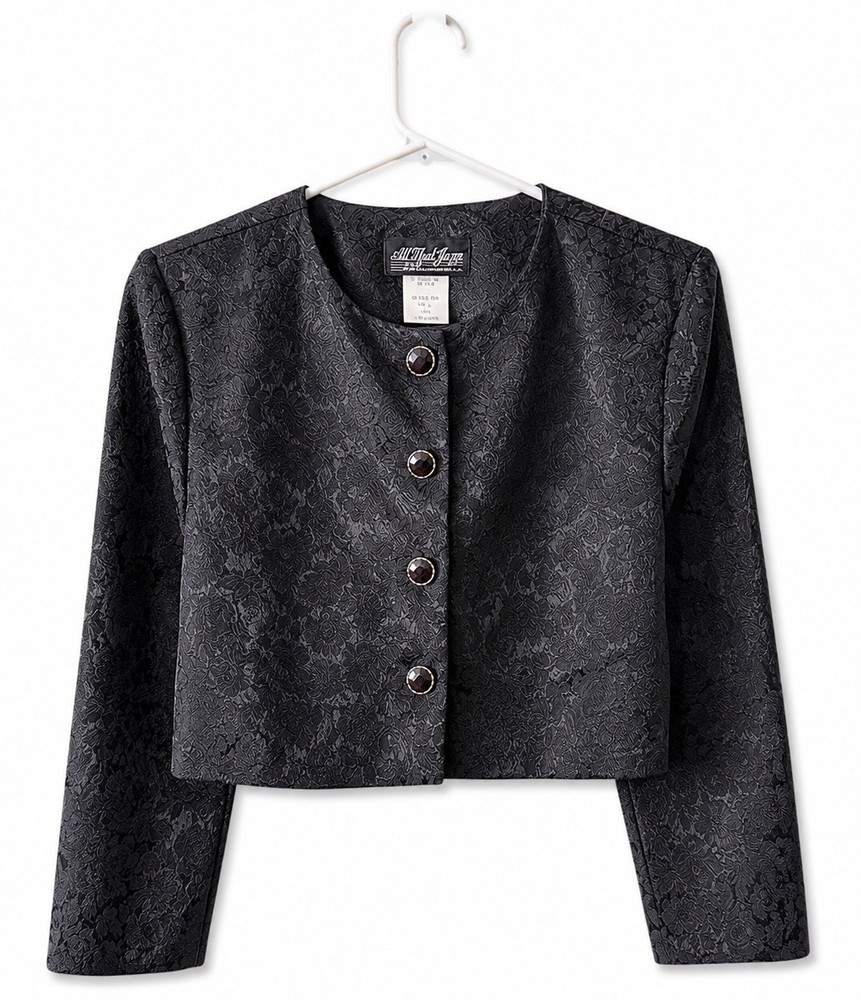 Vintage Black Jacquard Cropped Evening Jacket Floral Brocade Minimalist 90s Sz S