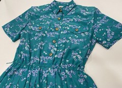 Leslie Fay Short Sleeve Dress Vintage 10P Teal With Blue Flowers Shoulder Pads