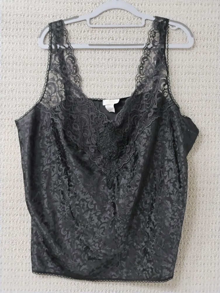 Vtg Escapades Camisole Plus Sz 22 Black Jacquard Satin Lace Trim Sleeveless