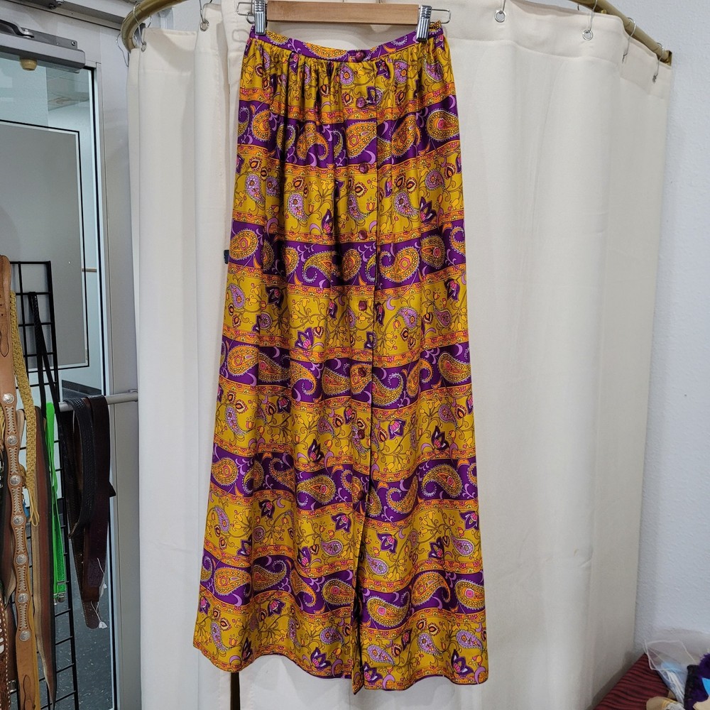Psychedelic Purple Orange Yellow Paisley 70’s Button Up Maxi Bark Cloth Skirt