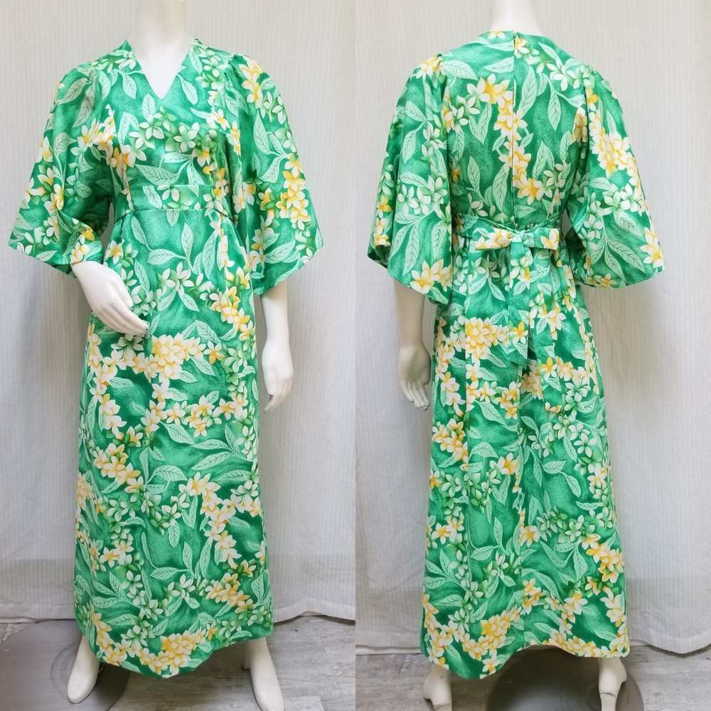 Vintage HILO HATTIE Green Floral Hawaiian Kaftan Maxi DRESS – Size S/M – EUC