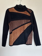 Vtg 90s Suede Boho Patchwork Sweater Lisa International Sz S Mockneck Colorblock
