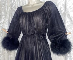 VTG NWOT M GLAM Black JENELLE DB Sheer Chiffon Nylon Nightgown Negligee MARABOU