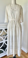 Antique 1910s Tissue Silk Dress Off White Lace Details Size Small