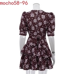 Summer Style Printing V-neck Floral Dress Short Sleeves High Waist Floral Dress