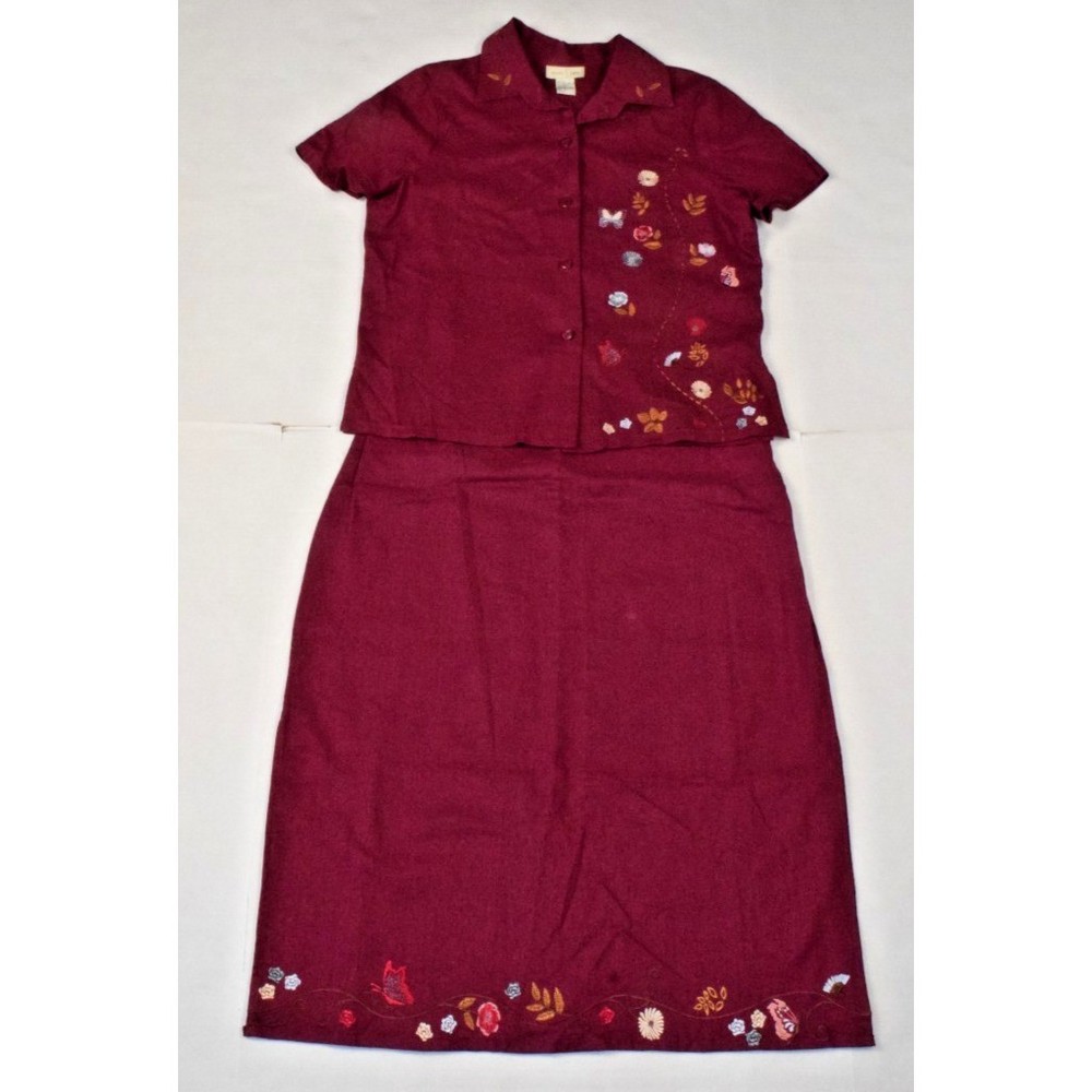 Vintage Dress Shirt Set Studio Ease Size 8 90s Wine Red Butterflies Linen Rayon