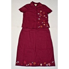 Vintage Dress Shirt Set Studio Ease Size 8 90s Wine Red Butterflies Linen Rayon