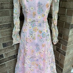 VINTAGE Sheer Floral Maxi Dress Wmns S Pastel Pink Long Sleeve Cottagecore #2B5