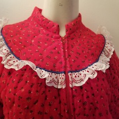 Vintage Red Calico Flannel Long Granny Prairie Quilted Robe Lounge Maxi M/42