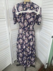Vtg 80s Betsys Things Modest Cottagecore Navy Floral Rayon & Lace Midi Dress LRG