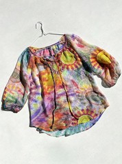 Vintage Kay Celine Top Sz S Colorful Abstract Floral Tunic Sheer Bell Artsy Boho