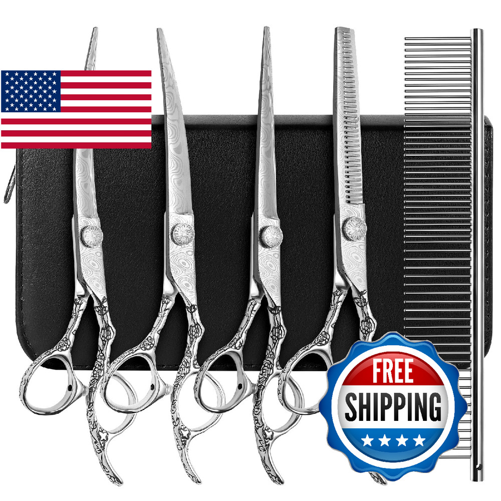CITYWISH Dog Grooming Scissors,Silver with Safety Round Tips,5 in 1 Curved Dog S