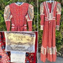 Gunne Sax Prairie Maxi Dress Red Floral Corset Lace Cottagecore Size 11 Vintage