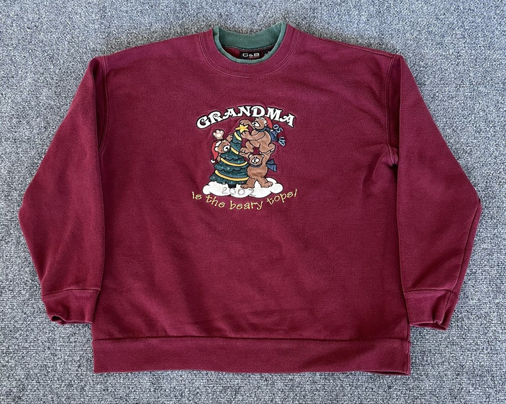 Grandmacore VTG Sweatshirt Maroon 2002 Puff Print Embroidered Christmas Cabin