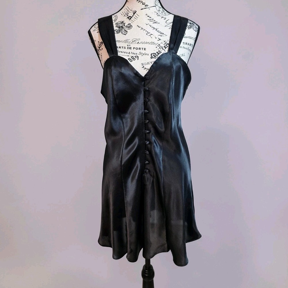90s Vtg Erika Taylor Black Satin Mini Slip Dress – Coquette / Goth Luxe M
