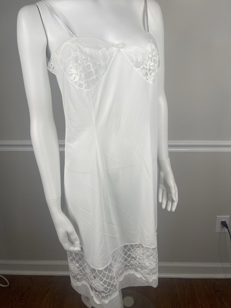 Full Dress long Slip Womens 38” white Nightgown Lingerie chiffon Vtg Lace