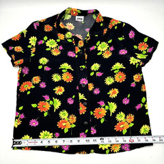 Vintage 80s JAG Black & Neon Floral Print Button Down Blouse Women’s M/L