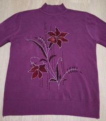 Vtg Cotton Blend Purple Knit Metallic Embellished Floral Mock Neck Sweater M