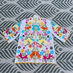 Vintage 60s 70s Leandra Crochet Blouse Sz L Embroidered Floral Mandarin Collar