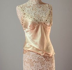 Verrier New York Delicate Pearl white Silk Slip Top w/ Antique Lace Hand-Beading