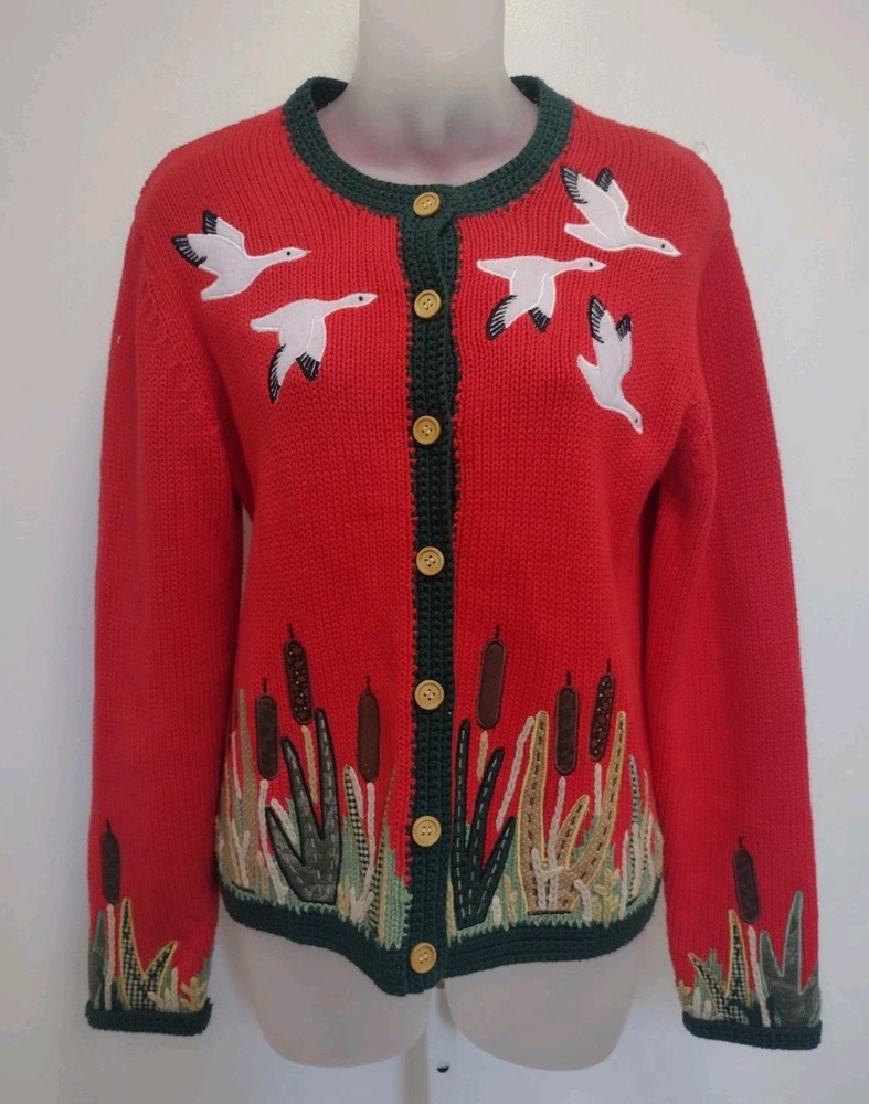 Orvis Ramie Cotton Duck Marsh Scene Sweater XS Wood Buttons Embroidered