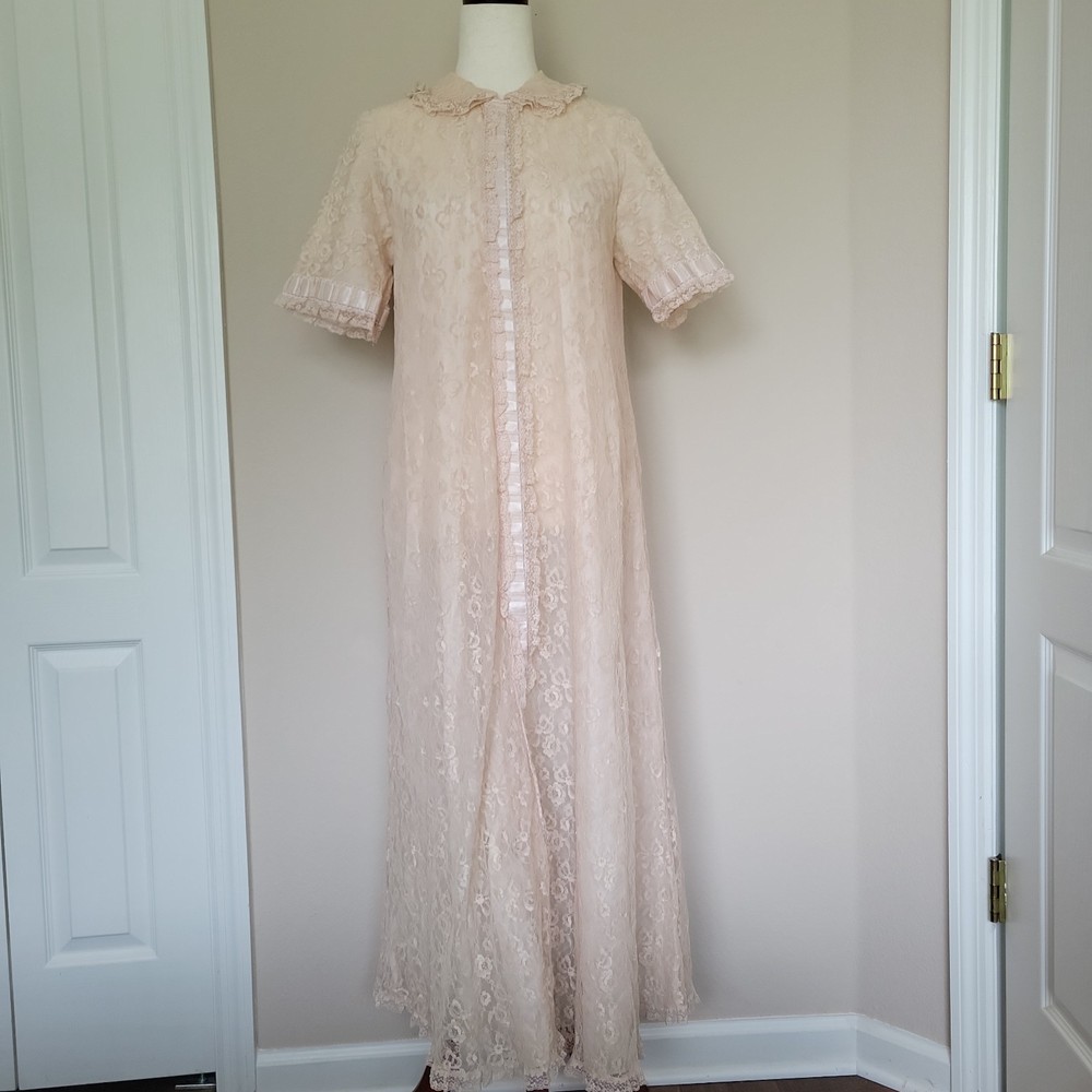 Vtg Odette Barsa Peignoir Robe Pink Floral Lace Victorian Edwardian Ruffle FLAWS