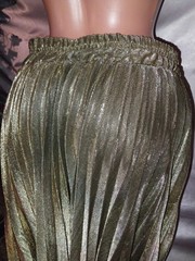 VTG Y2K SILKY GOLD FOIL SHINY SATIN CRYSTAL PLEATS SKIRT SWEEP FLARE M – XL