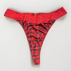 VTG 90s Maidenform Fashion Time Red Plaid Thong Panties Vtg Size 7 Lace 40305