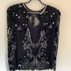 vintage oleg cassini M 100% Silk Heavy Beaded Long Sleeve Evening Jeweled Top