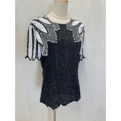 Stenay 100% Silk Beaded Sequin Black White Top Womens 14 Vintage Evening Blouse