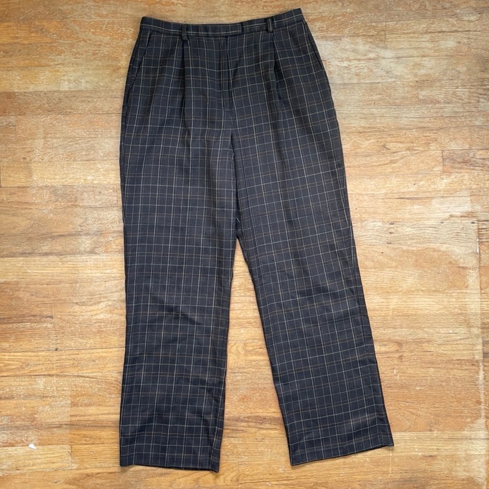 Vintage Plaid Woven Pants Size Large 32″ Waist 90s Brown High Waist Trousers