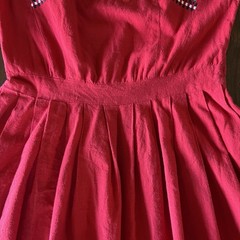 1950s Red Cotton Embroidered Folk border Dress Full Skirt Sleeveless pleated
