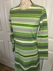 Vintage Mod 60s 70s Long Sleeve Green Stripe Dress Sz 9/10