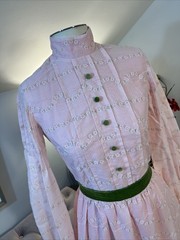 Vtg 70s Pink Prairie Maxi Dress Green Velvet Trim Cottagecore Bridgerton Small