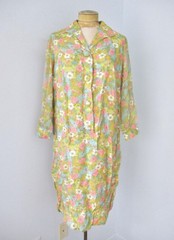 Vtg 60s lime green pink flower power shirt dress sheer chiffon sleeves L/XL