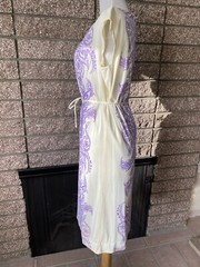 Vintage 1960s Sacony ivory dress with purple paisley mod summer polyester retro