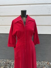Vintage 40s 50s Red Corduroy House Dress Chore Dress Full Zip Workwear 25/26”