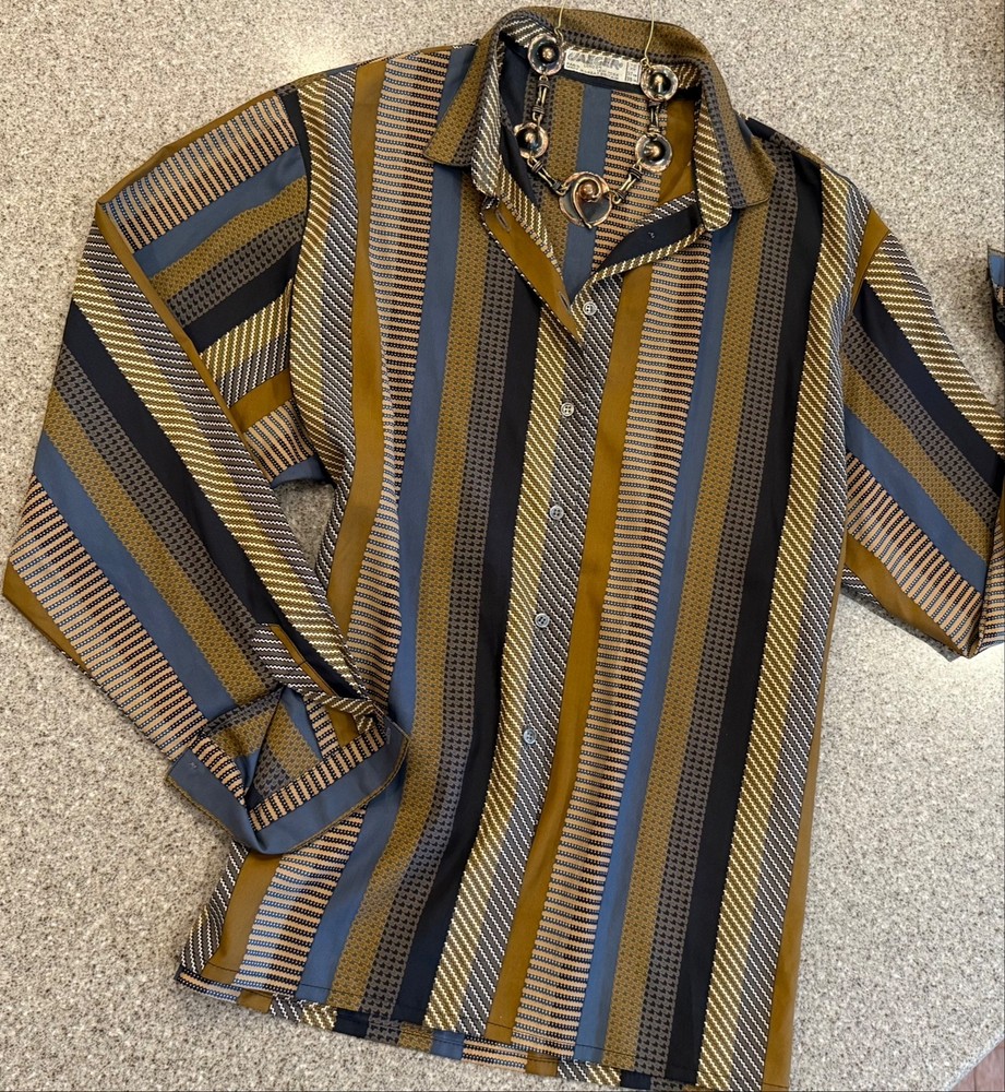 JAEGER London UK Vintage ’70s Chic Gold Striped Long Sleeve Blouse Sz 38 (M)