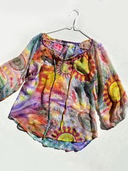 Vintage Kay Celine Top Sz S Colorful Abstract Floral Tunic Sheer Bell Artsy Boho