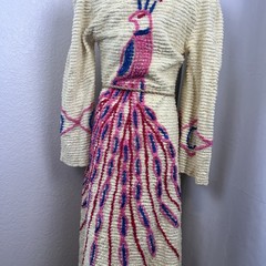 Vintage Peacock Chenille Bath Robe Long Yellow Housecoat Cottage 40s 50s READ
