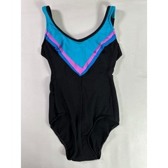 Vintage Robby Len One Piece Swimsuit Black Teal Pink Ribbed 80s 90s 10