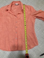 Vtg 90s Y2K Dressbarn Coral Jacquard Blouse S Ruffle 3/4 Sleeve Floral Button Up