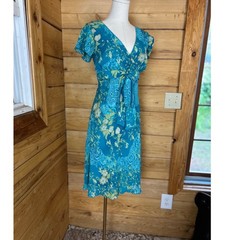 Vintage Faux Wrap Midi Dress Women Large Teal Blue Green Floral Jessica