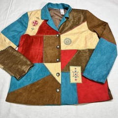 Vintage Koret Patchwork Blazer Jacket Embroidered Small Faux Suede Aztec