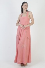 Vtg Pink Cotton Sundress Embroidered Butterfly Gauze Prairie Cottage Dress M
